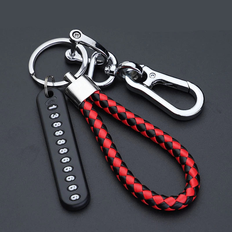 Anti-lost Car Keychain Phone Number Card Keyring Leather Bradied Rope Auto Vehicle Key Chain Holder Accessories Gift for Husband