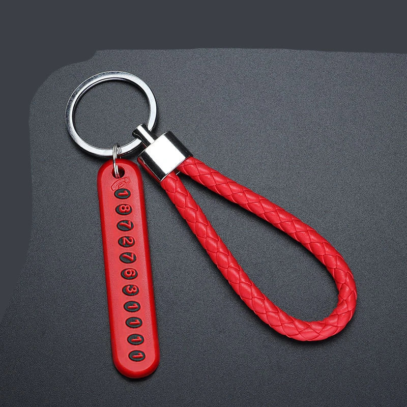 Anti-lost Car Keychain Phone Number Card Keyring Leather Bradied Rope Auto Vehicle Key Chain Holder Accessories Gift for Husband