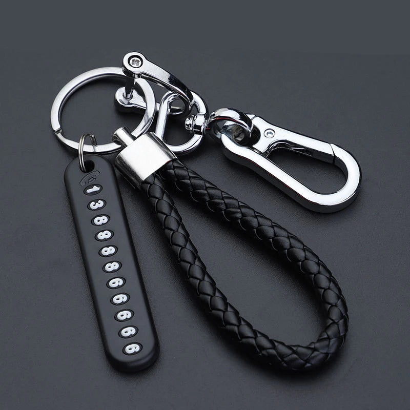 Anti-lost Car Keychain Phone Number Card Keyring Leather Bradied Rope Auto Vehicle Key Chain Holder Accessories Gift for Husband