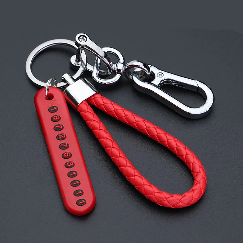 Anti-lost Car Keychain Phone Number Card Keyring Leather Bradied Rope Auto Vehicle Key Chain Holder Accessories Gift for Husband