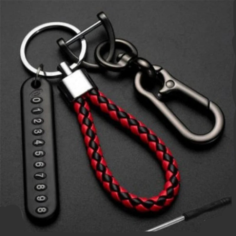 Anti-lost Car Keychain Phone Number Card Keyring Leather Bradied Rope Auto Vehicle Key Chain Holder Accessories Gift for Husband